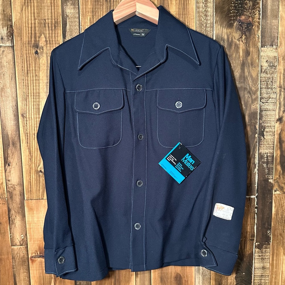 Men’s vintage NWT Navy blue spread collar single stitch long sleeve shirt Retro